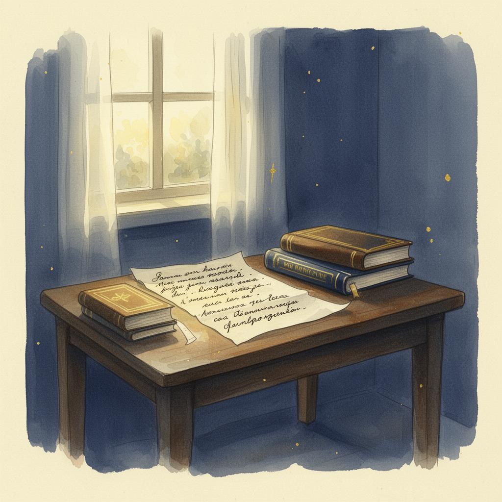 Ilustração de mesa simples com cartas escritas à mão, livros e luz suave entrando pela janela