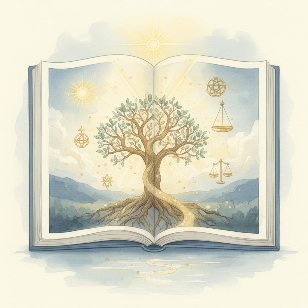 Livro aberto com símbolos de luz e árvore da vida