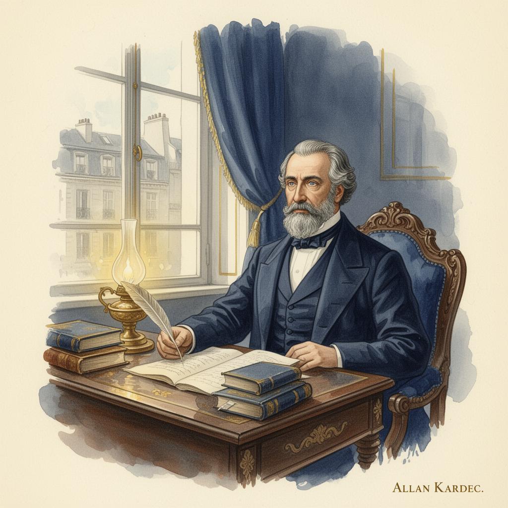 Ilustração de Allan Kardec em gabinete histórico em Paris, com livros antigos e luz suave