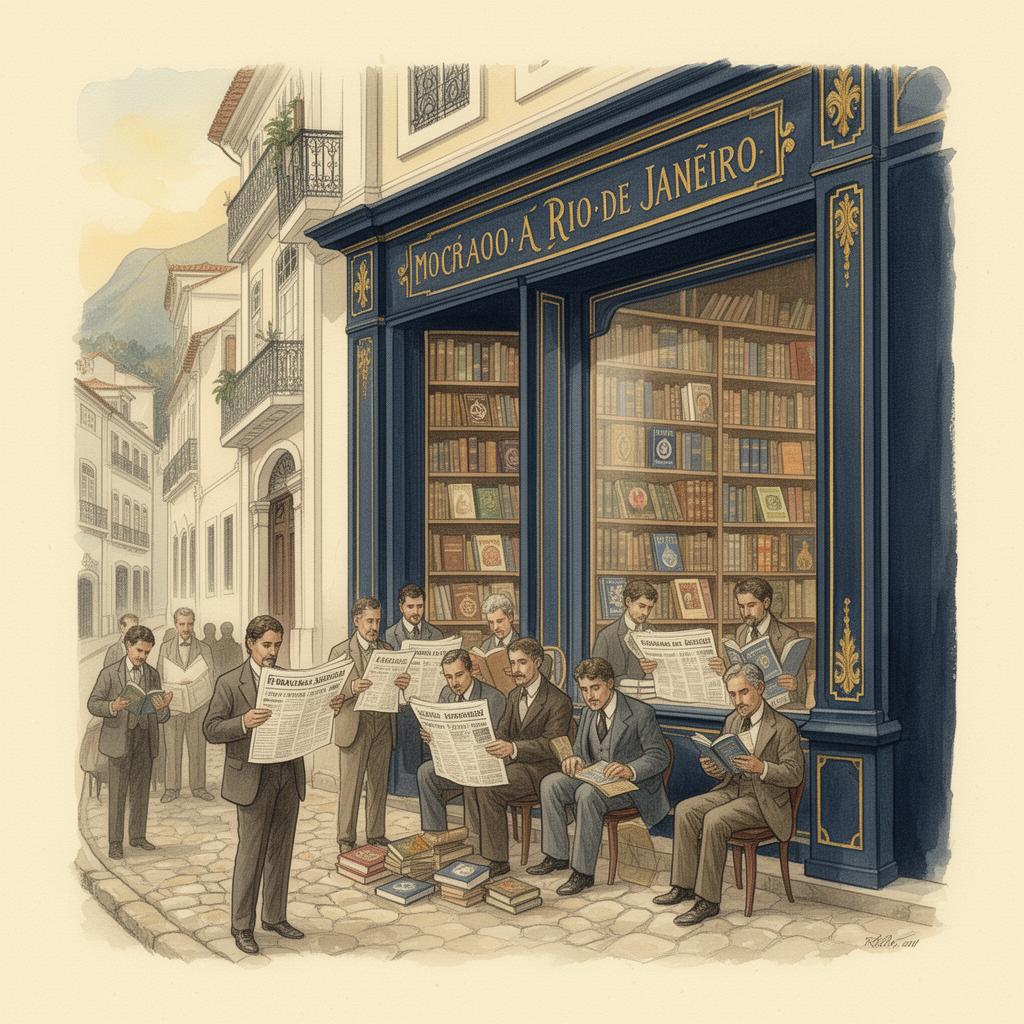 Livraria histórica no Rio de Janeiro do século XIX com pessoas lendo jornais espíritas